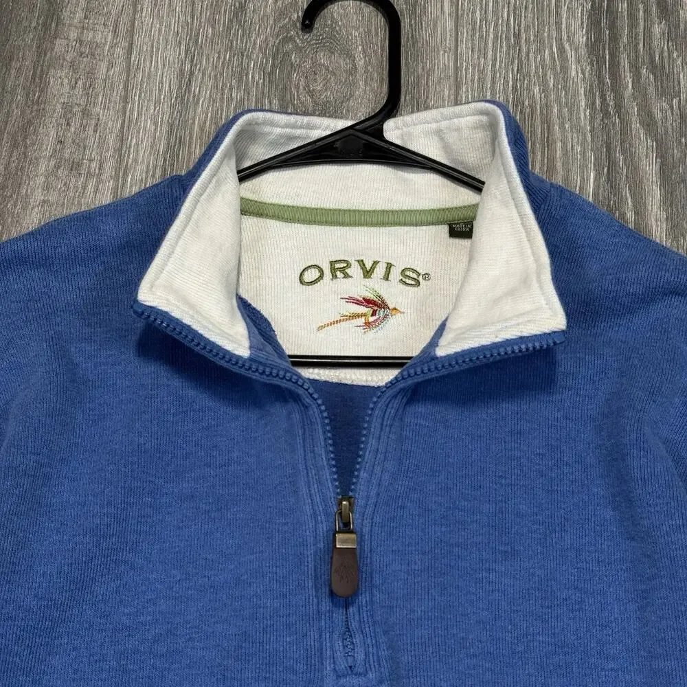 Orvis Pullover Mens Medium Blue Quarter Zip Lightweight Cotton Casual Preppy